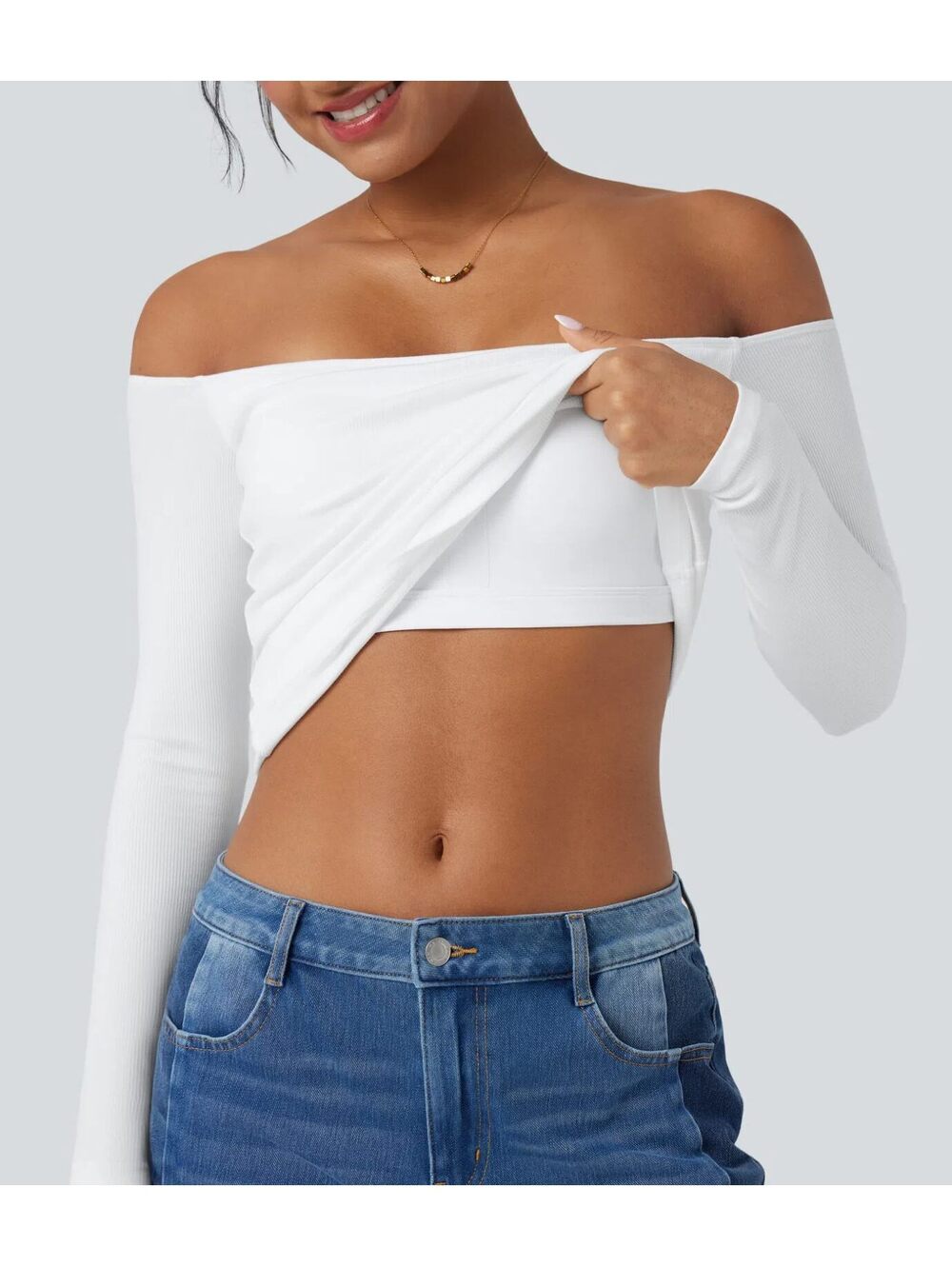 Halara Ribbed Knit Off Shoulder Long Sleeve 2-in-1 Casual Top White Size Medium - Picture 6 of 9